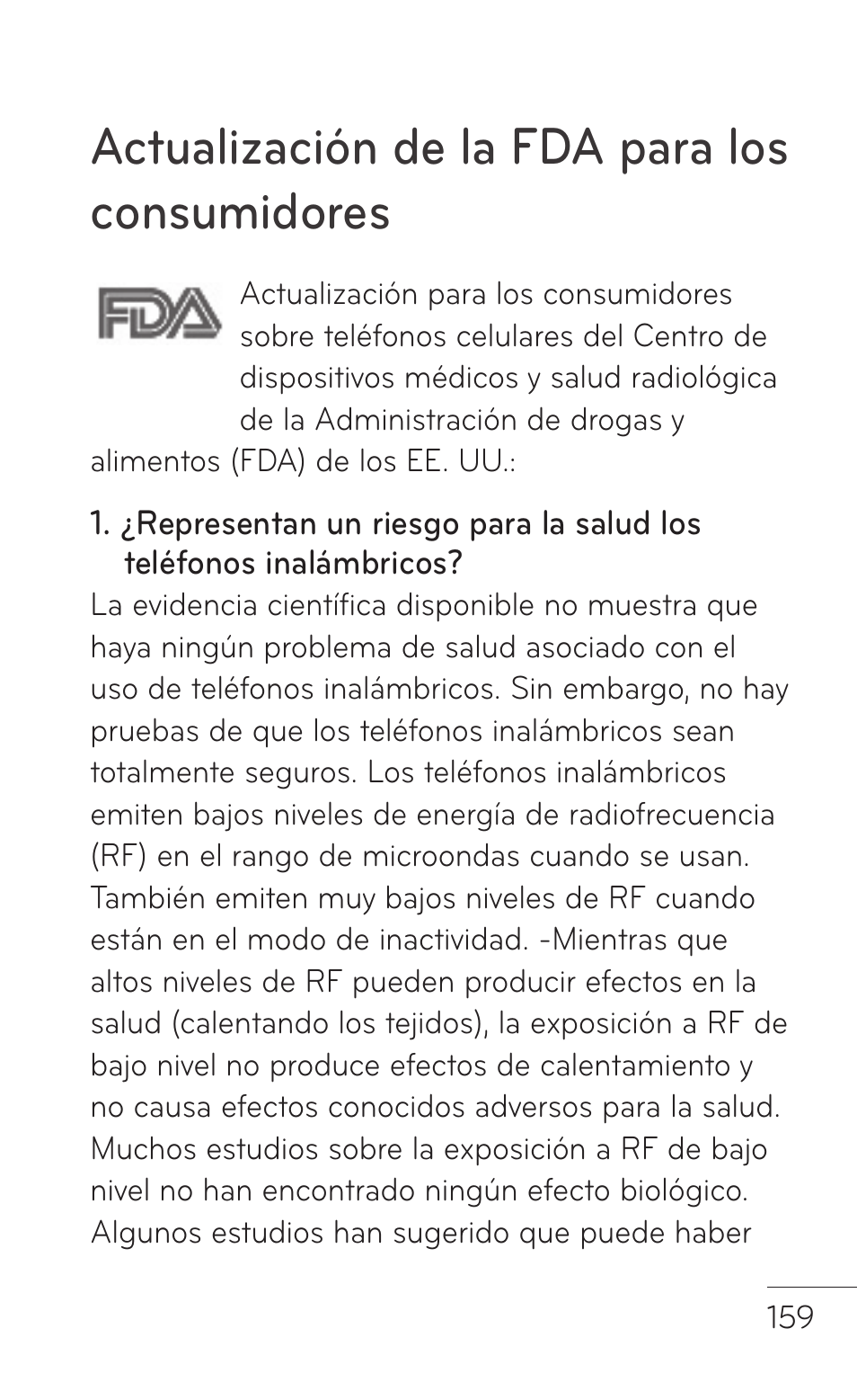 Fda consumer update, Actualización de la fda para los consumidores | LG LGC800VL User Manual | Page 321 / 342