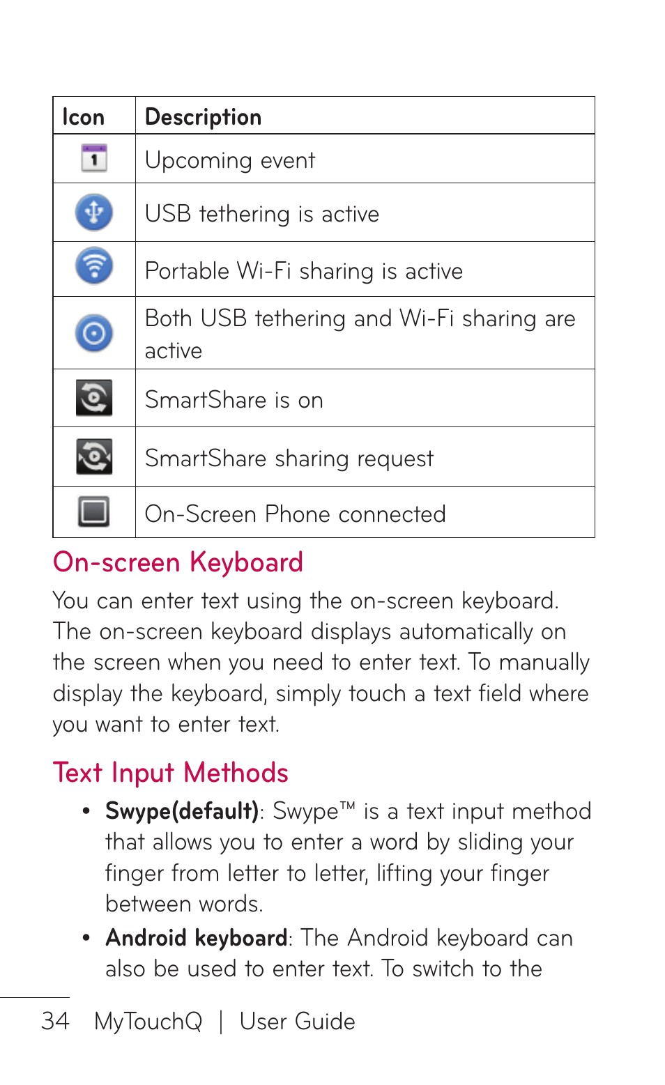 On-screen keyboard, Text input methods | LG LGC800VL User Manual | Page 34 / 342