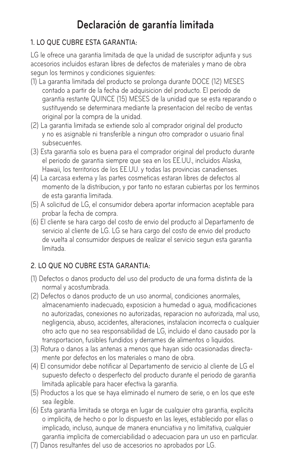 Declaración de garantía limitada | LG LGC800VL User Manual | Page 341 / 342