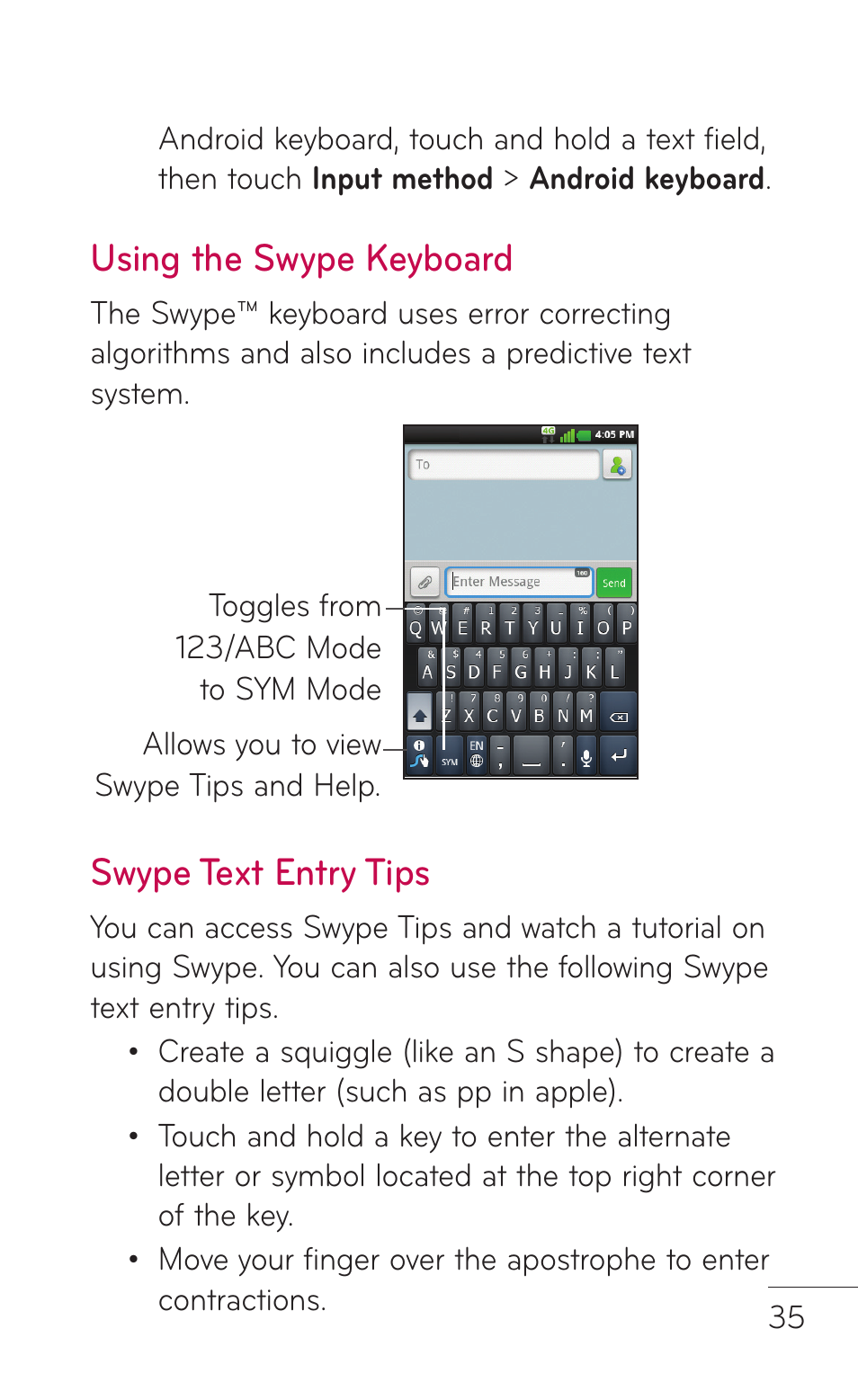 Using the swype keyboard, Swype text entry tips | LG LGC800VL User Manual | Page 35 / 342