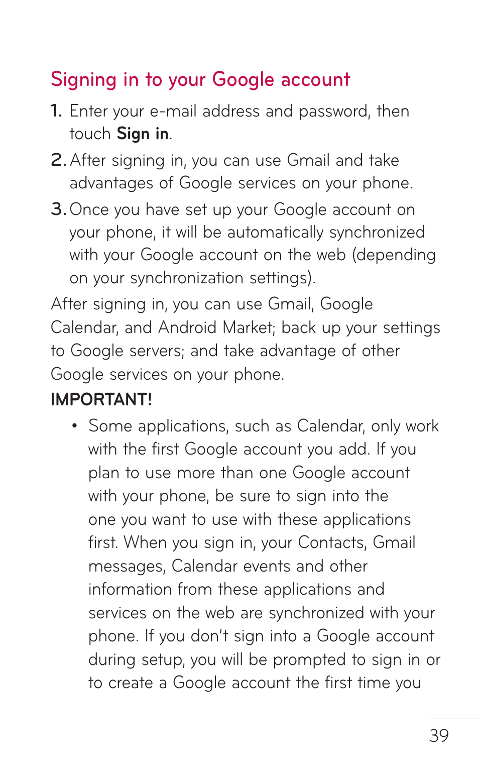 Signing in to your google account | LG LGC800VL User Manual | Page 39 / 342