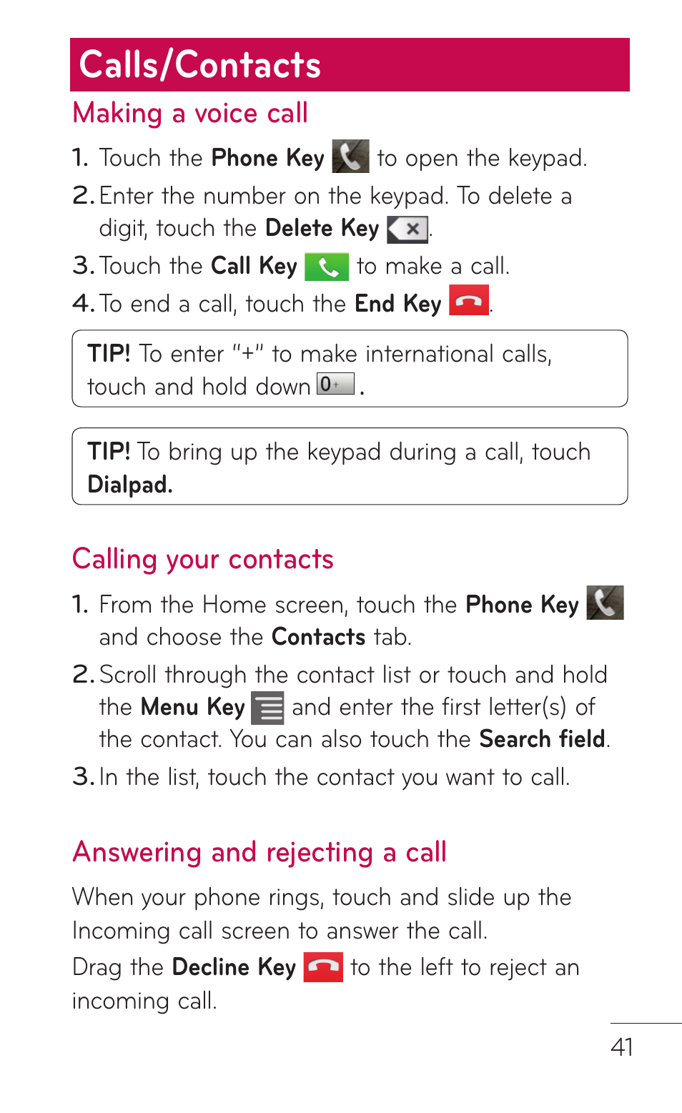 Calls/contacts, Making a voice call, Calling your contacts | Answering and rejecting a call | LG LGC800VL User Manual | Page 41 / 342