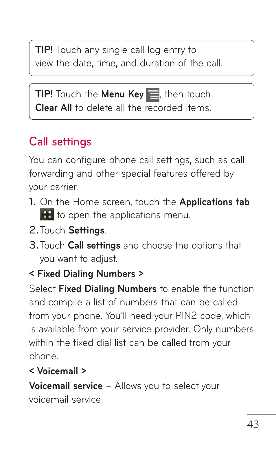 Call settings | LG LGC800VL User Manual | Page 43 / 342