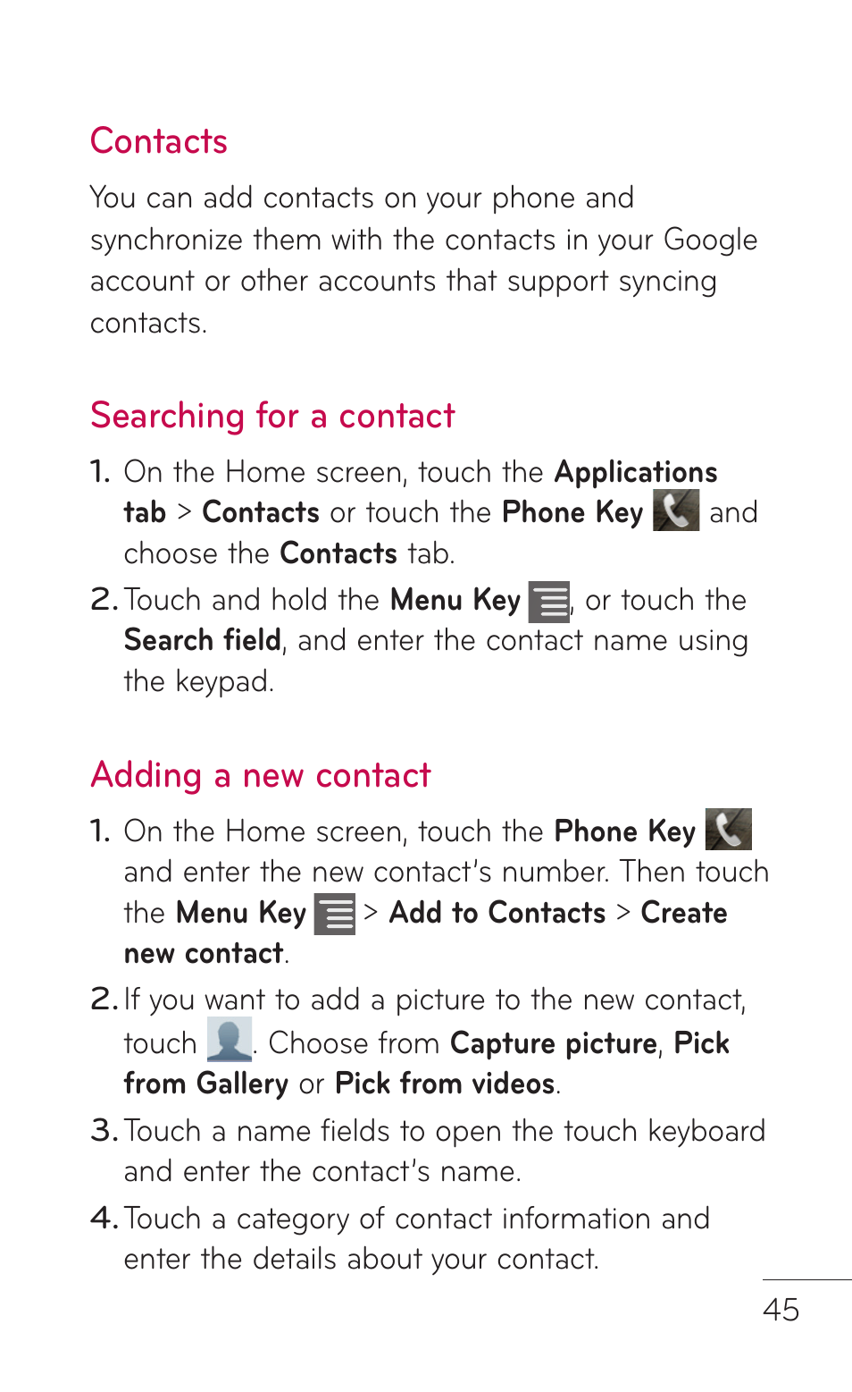 Contacts, Searching for a contact, Adding a new contact | LG LGC800VL User Manual | Page 45 / 342