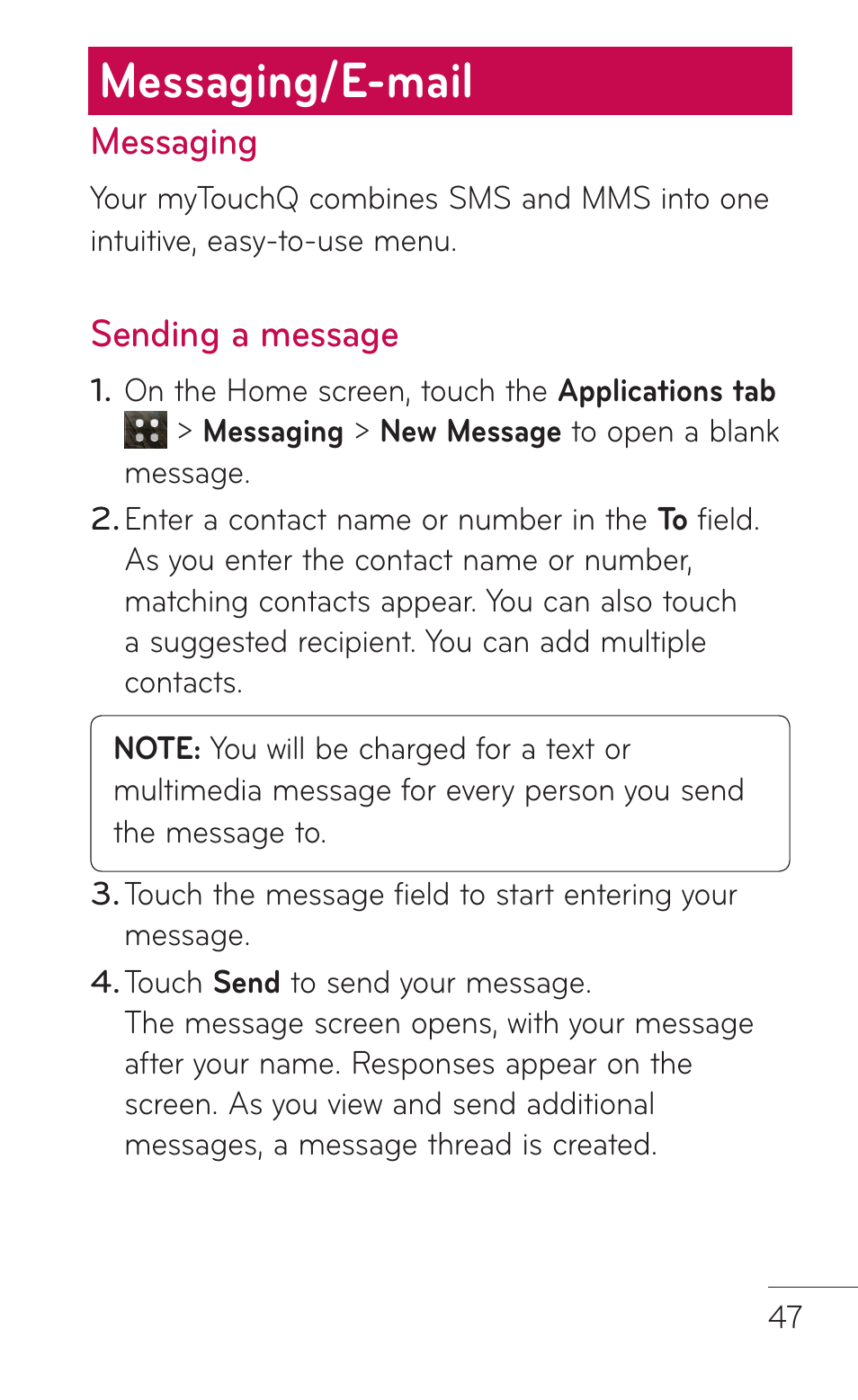 Messaging/e-mail, Messaging, Sending a message | LG LGC800VL User Manual | Page 47 / 342