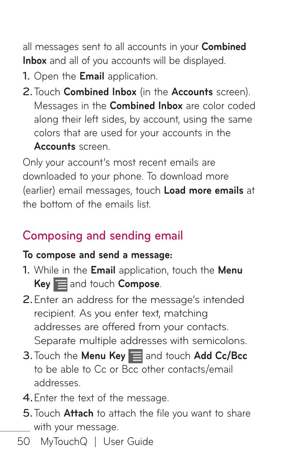 Composing and sending email | LG LGC800VL User Manual | Page 50 / 342