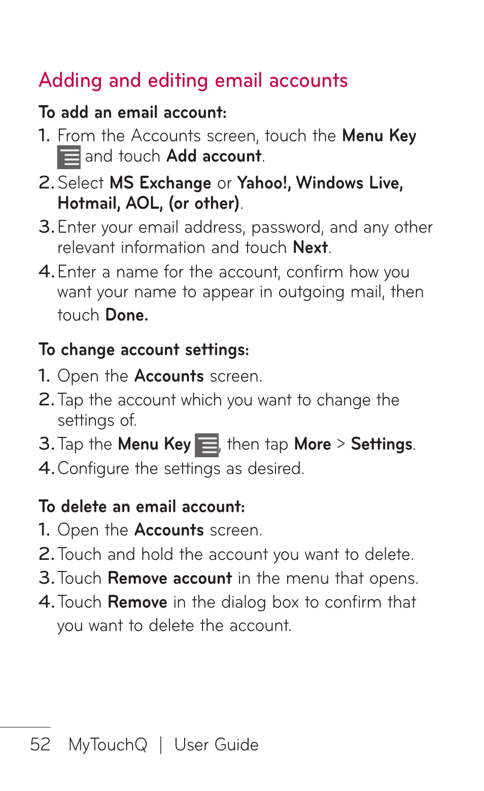 Adding and editing email accounts | LG LGC800VL User Manual | Page 52 / 342