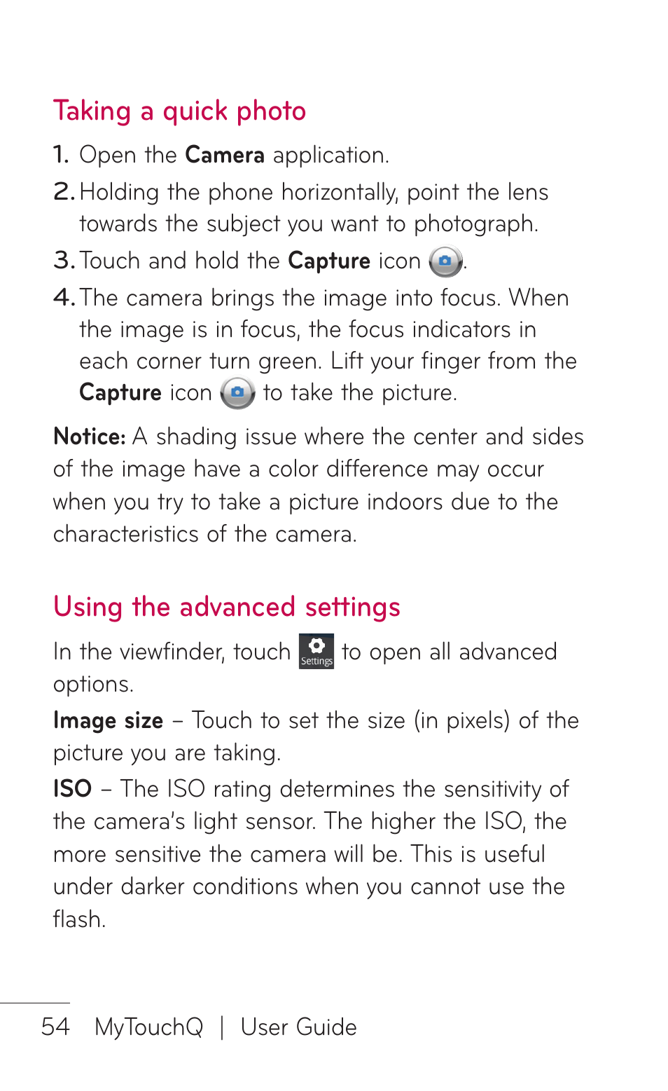 Taking a quick photo, Using the advanced settings | LG LGC800VL User Manual | Page 54 / 342