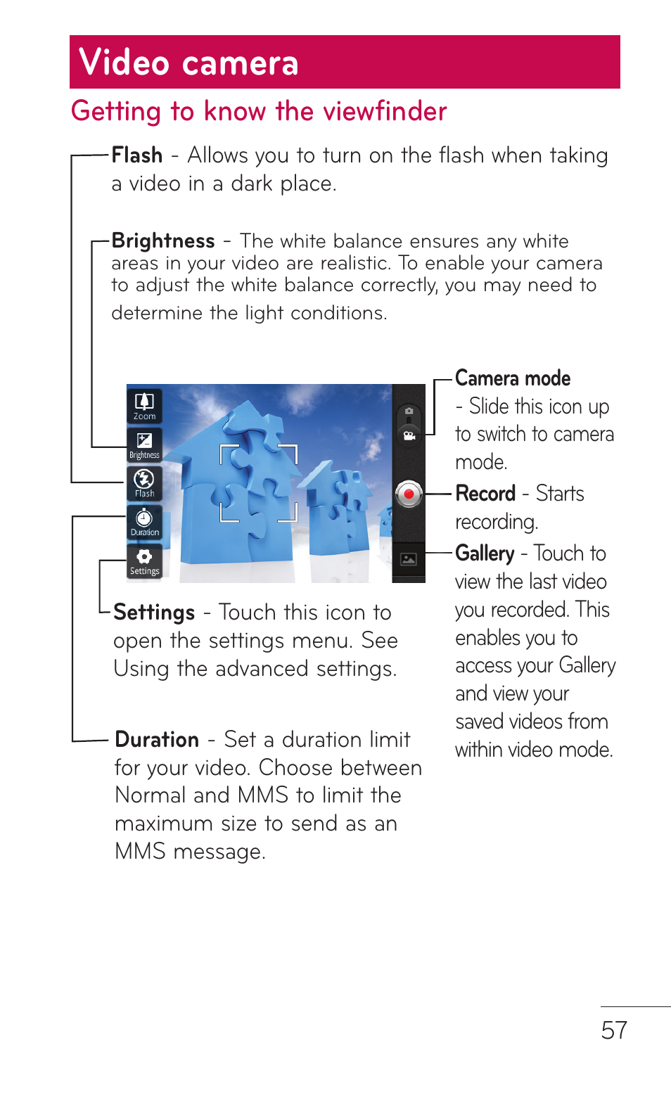 Video camera, Getting to know the viewfinder | LG LGC800VL User Manual | Page 57 / 342