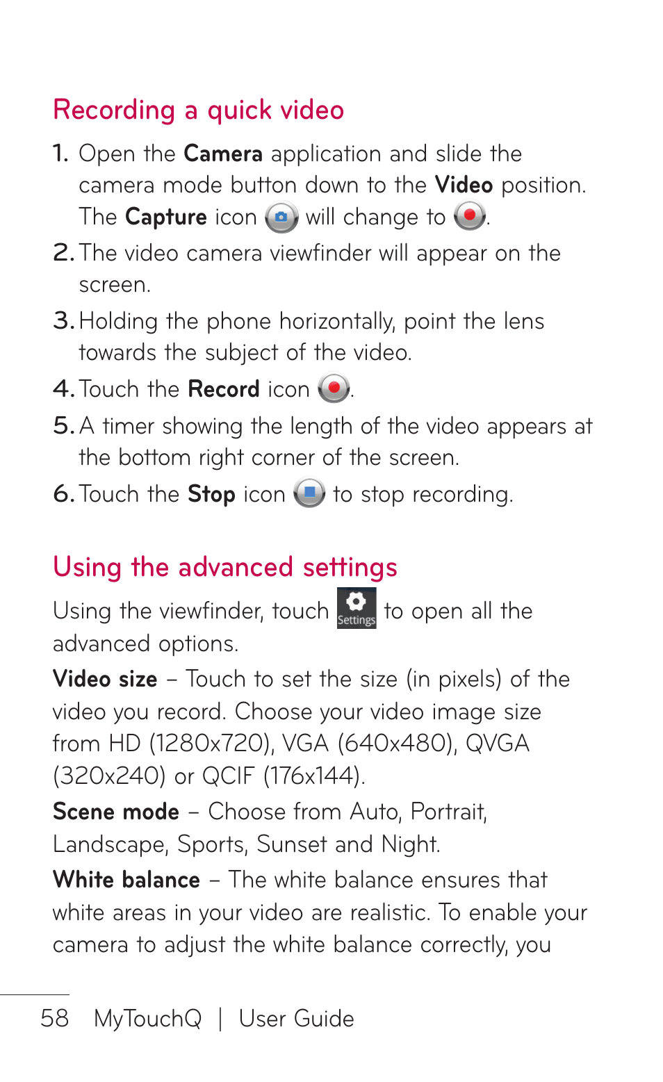 Recording a quick video, Using the advanced settings | LG LGC800VL User Manual | Page 58 / 342