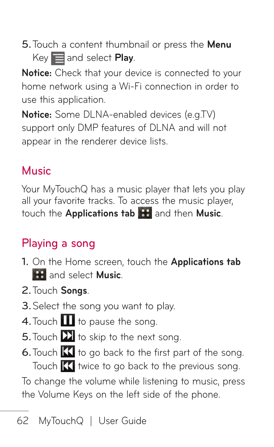 Music, Playing a song | LG LGC800VL User Manual | Page 62 / 342