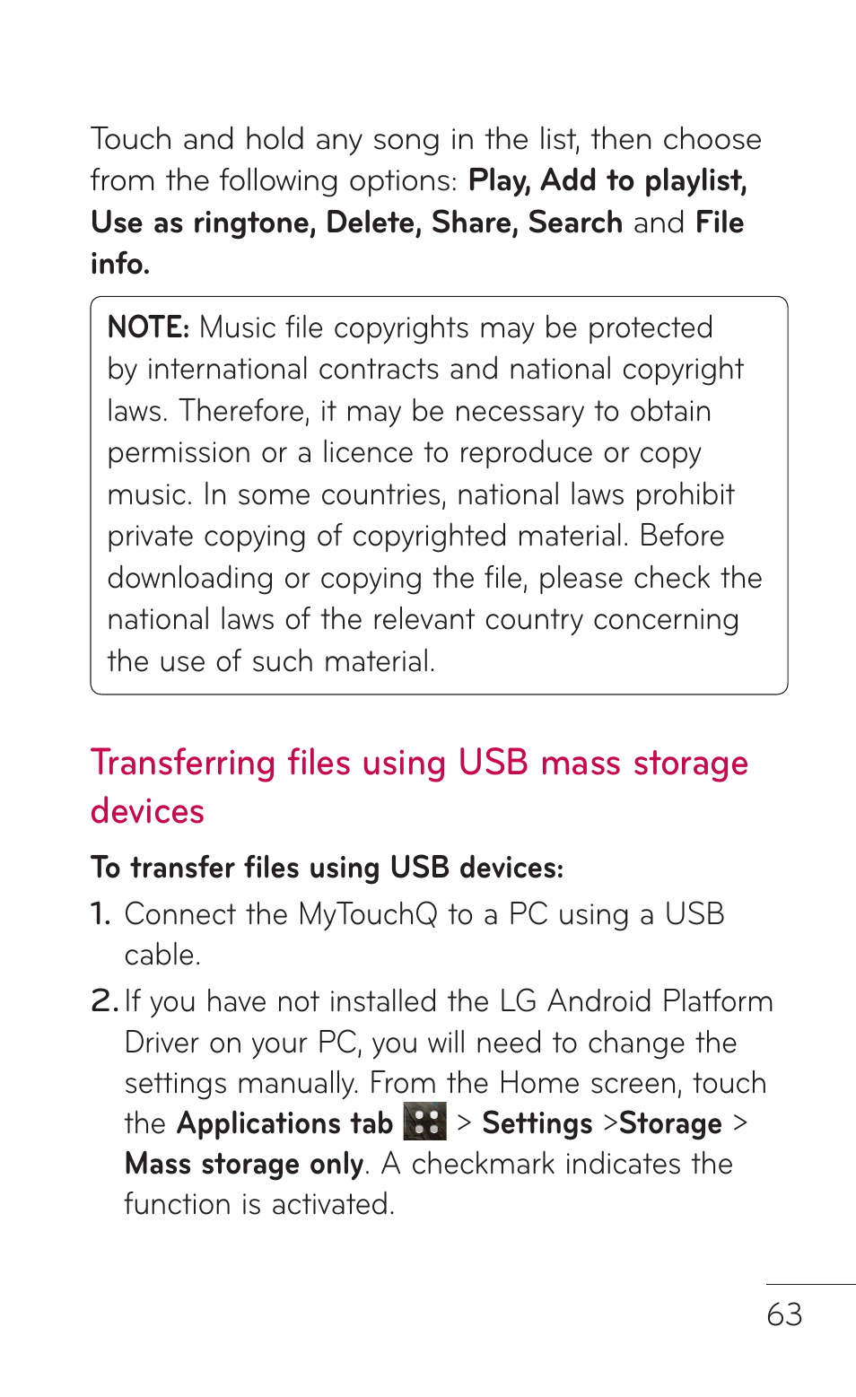 Transferring files using usb mass storage devices | LG LGC800VL User Manual | Page 63 / 342