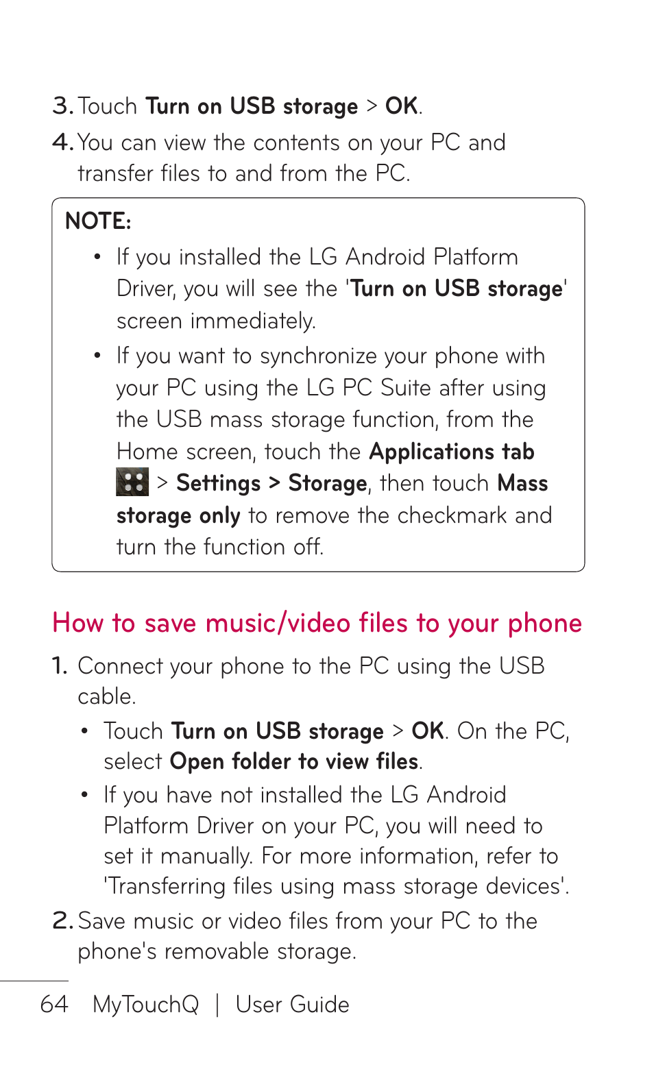 How to save music/video files to your phone | LG LGC800VL User Manual | Page 64 / 342