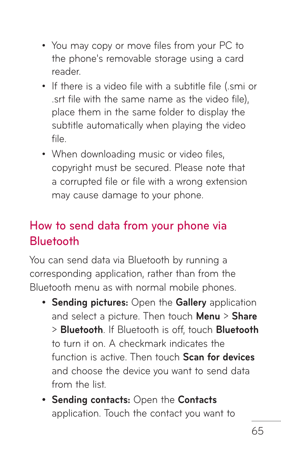 How to send data from your phone via bluetooth | LG LGC800VL User Manual | Page 65 / 342