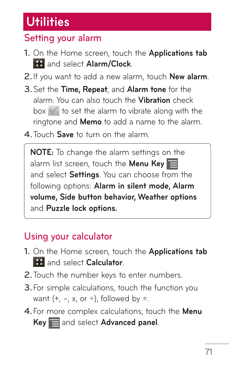 Utilities, Setting your alarm, Using your calculator | LG LGC800VL User Manual | Page 71 / 342