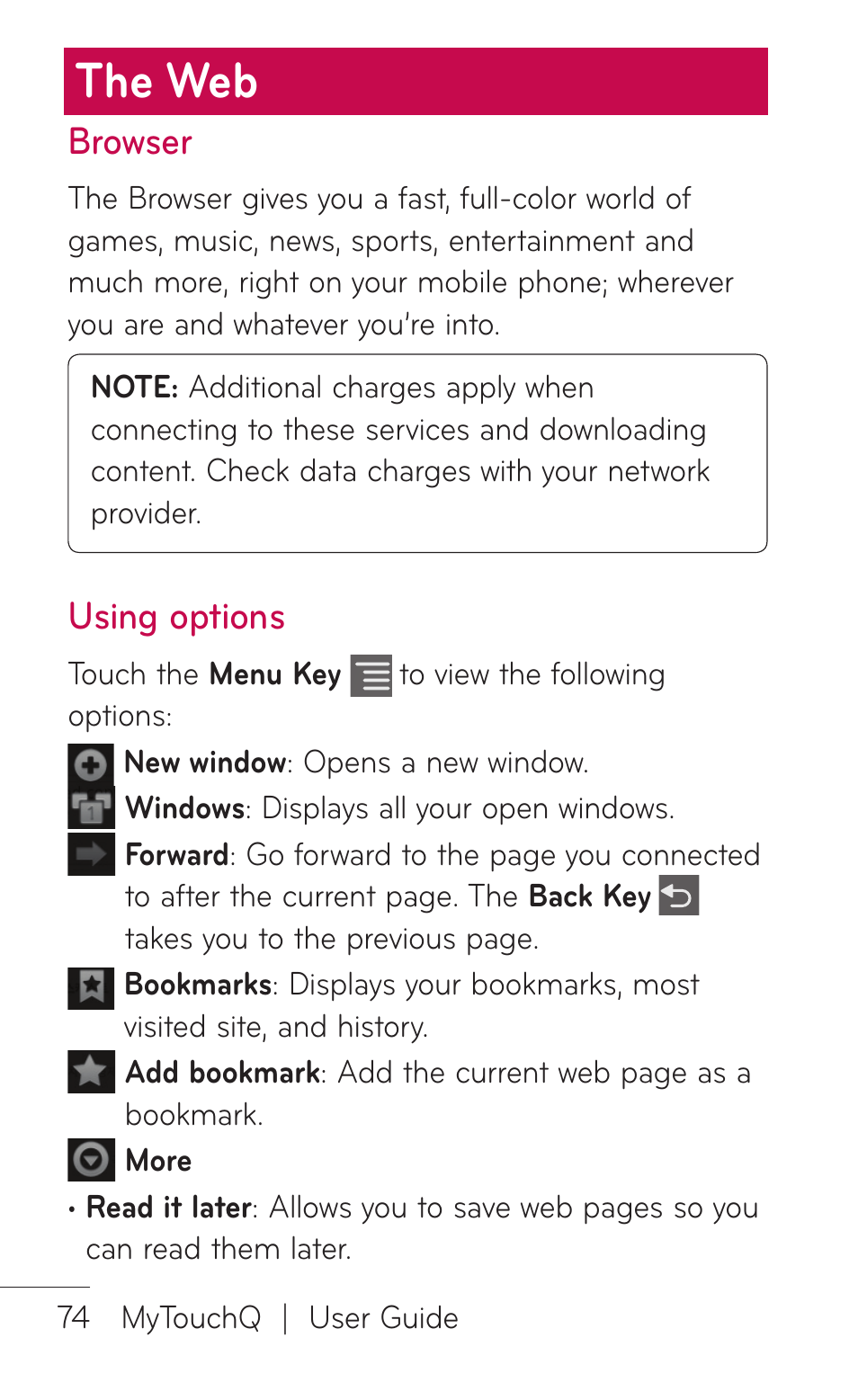 The web, Browser, Using options | LG LGC800VL User Manual | Page 74 / 342