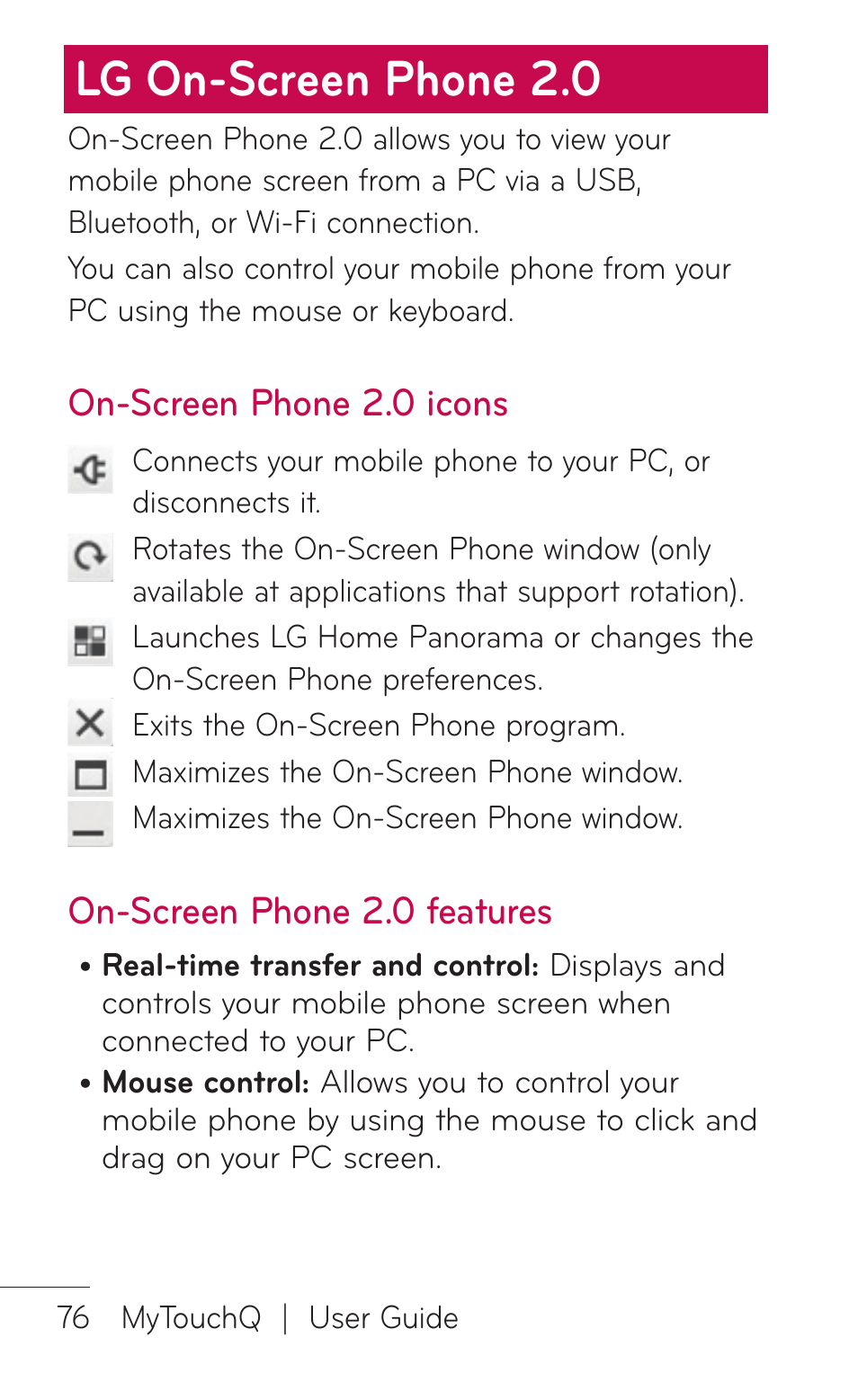 Lg on-screen phone 2.0, On-screen phone 2.0 icons, On-screen phone 2.0 features | LG LGC800VL User Manual | Page 76 / 342