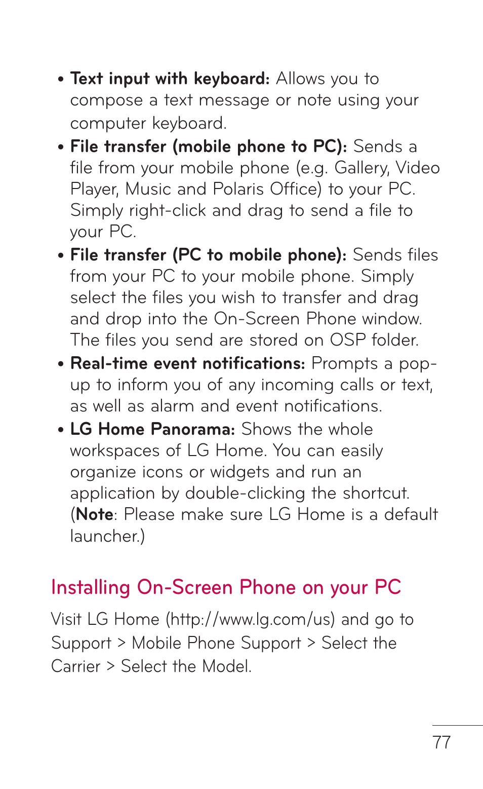 Installing on-screen phone on your pc | LG LGC800VL User Manual | Page 77 / 342