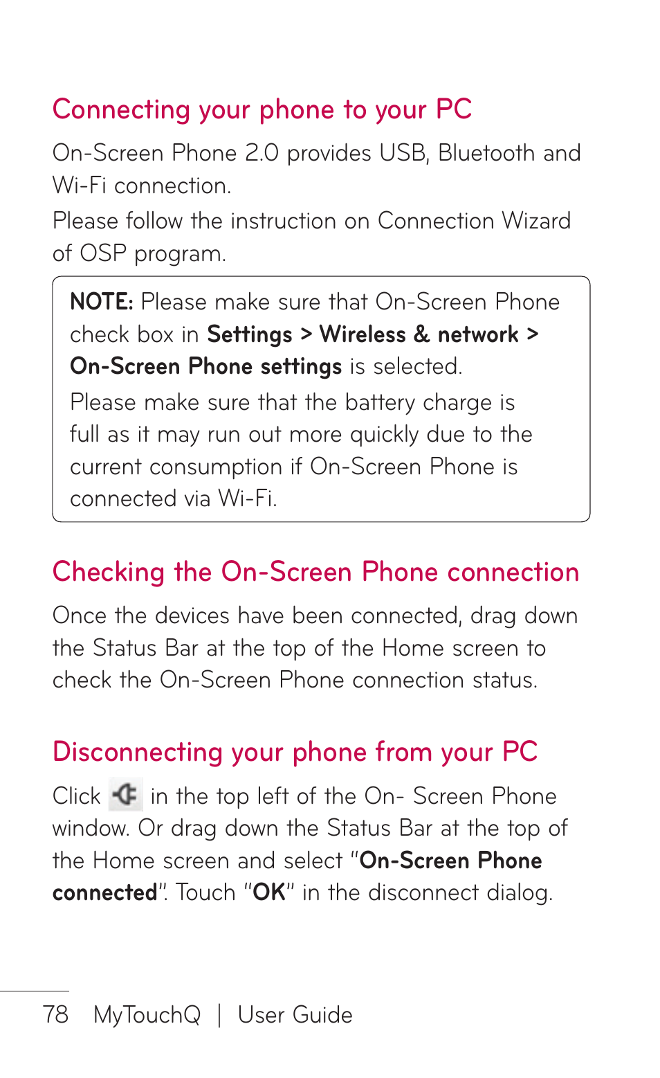 Connecting your phone to your pc, Checking the on-screen phone connection, Disconnecting your phone from your pc | LG LGC800VL User Manual | Page 78 / 342