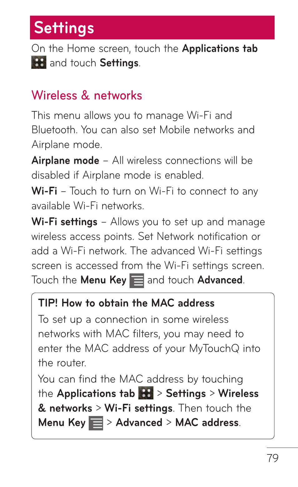 Settings, Wireless & networks | LG LGC800VL User Manual | Page 79 / 342