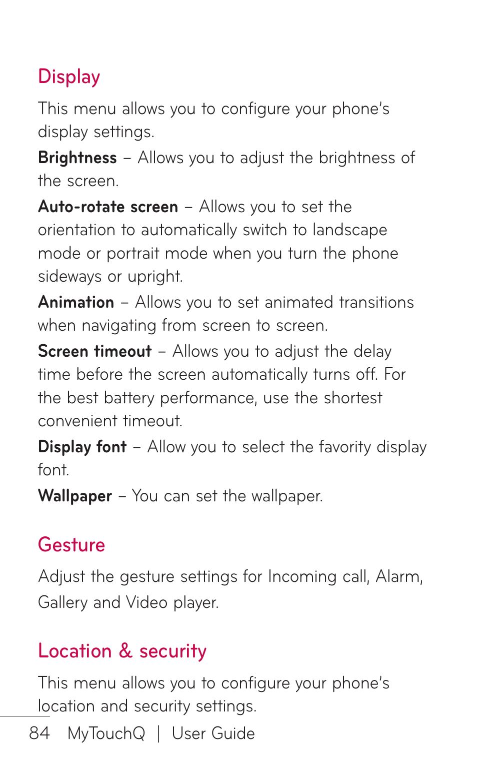 Display, Gesture, Location & security | LG LGC800VL User Manual | Page 84 / 342