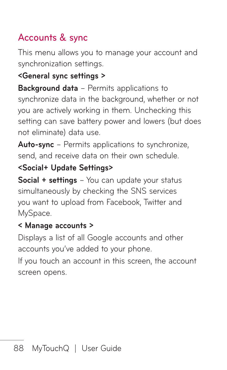 Accounts & sync | LG LGC800VL User Manual | Page 88 / 342