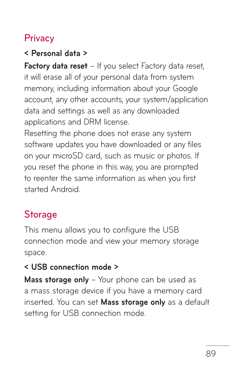 Privacy, Storage | LG LGC800VL User Manual | Page 89 / 342