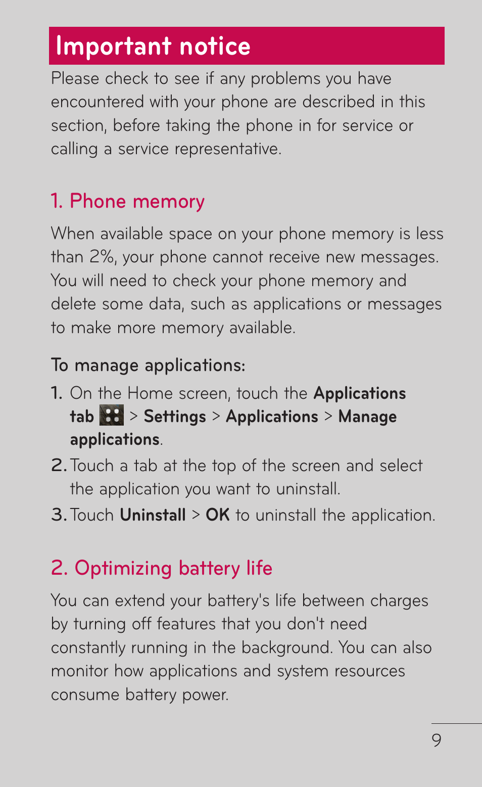 Important notice, Optimizing battery life | LG LGC800VL User Manual | Page 9 / 342