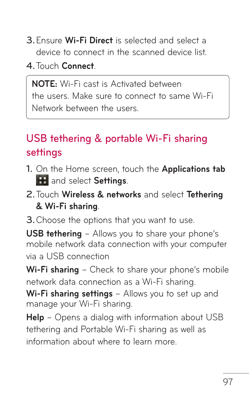 Usb tethering & portable wi-fi sharing settings | LG LGC800VL User Manual | Page 97 / 342