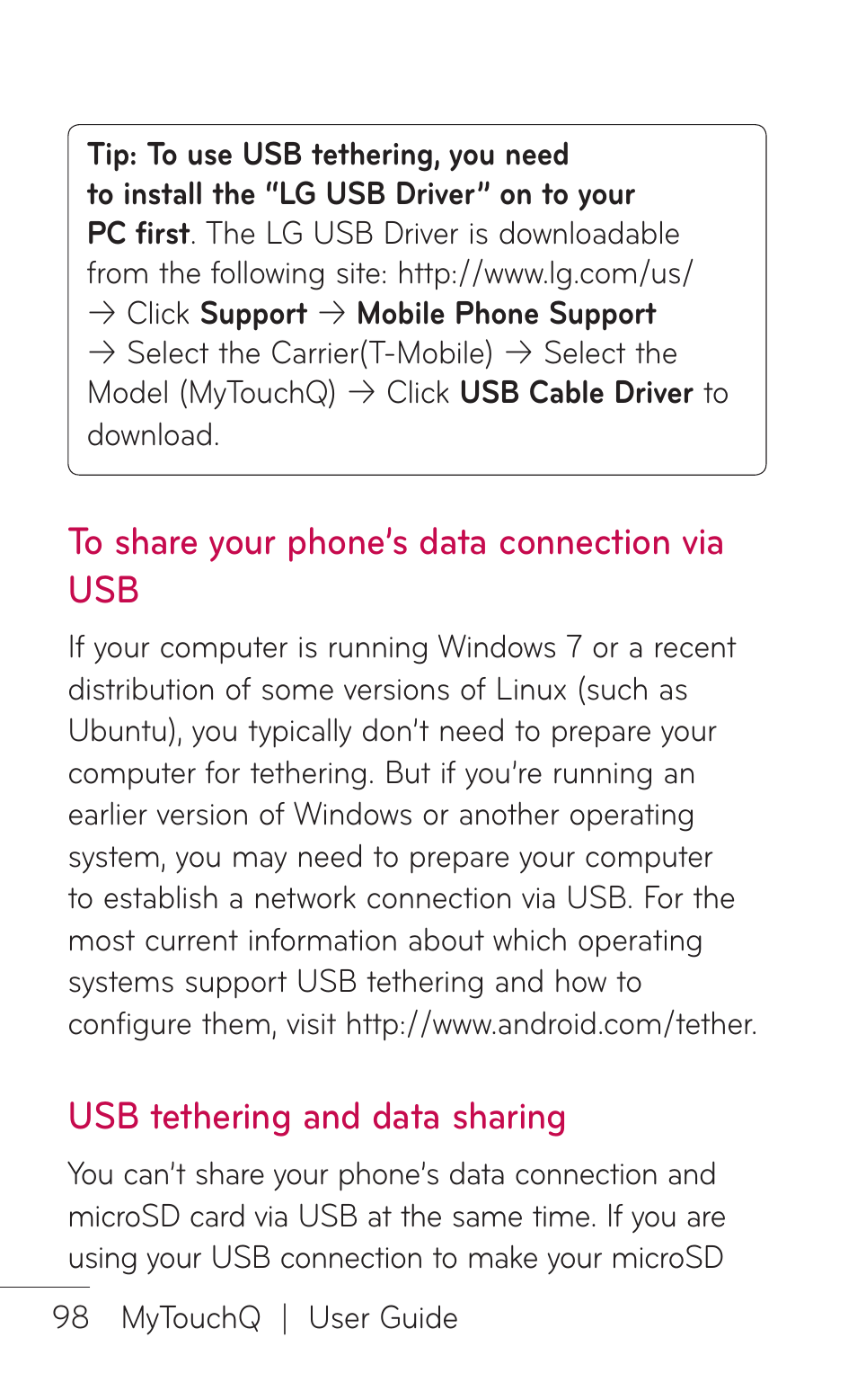 To share your phone’s data connection via usb, Usb tethering and data sharing | LG LGC800VL User Manual | Page 98 / 342