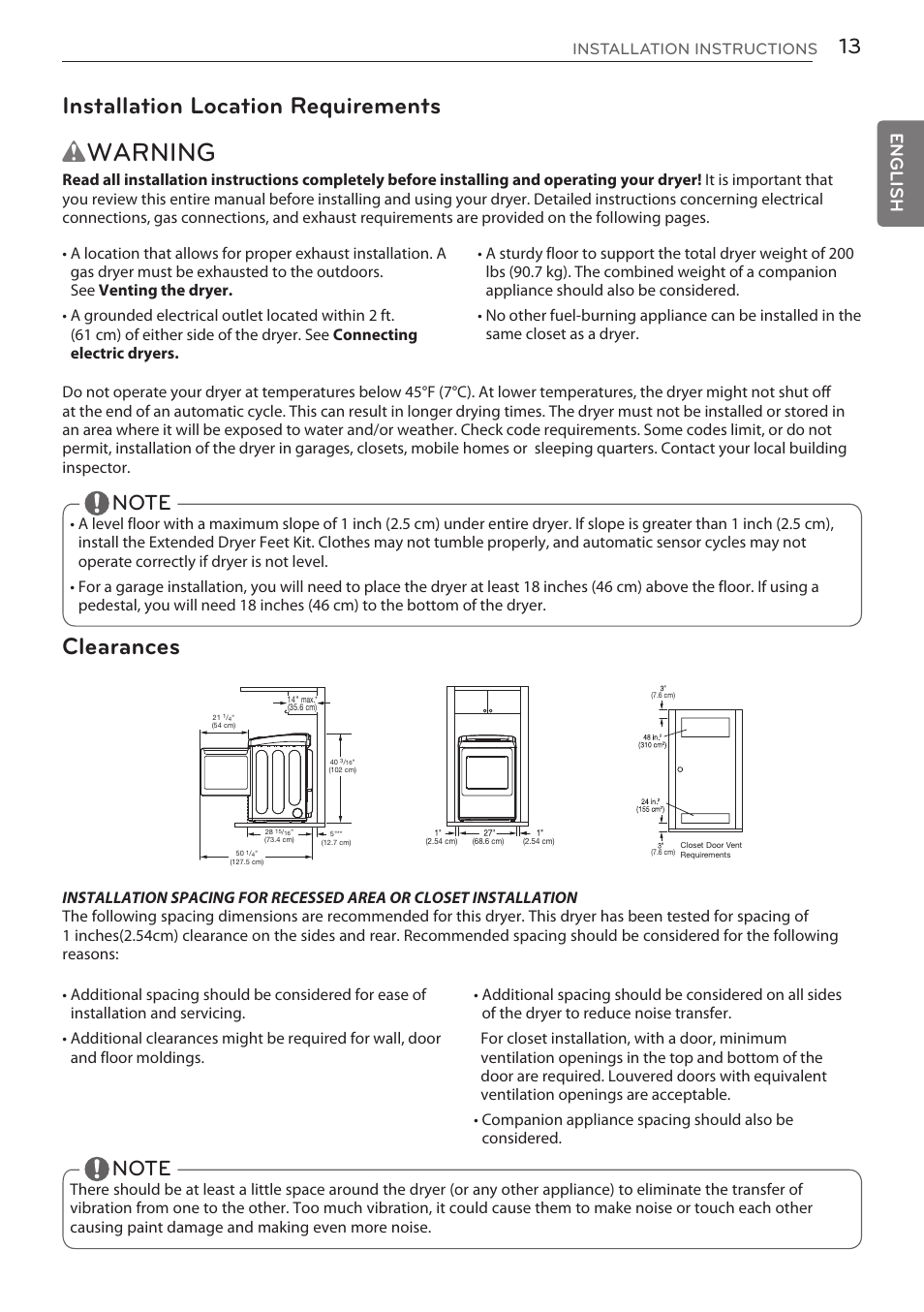 Wwarning, Installation location requirements, Clearances | English | LG DLGY1702V User Manual | Page 13 / 84