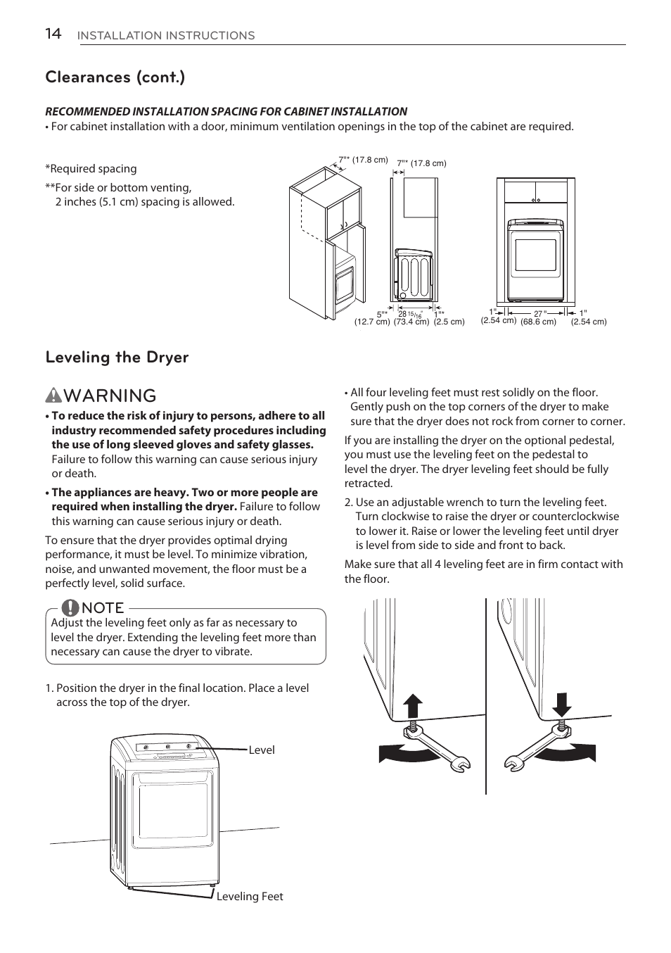 Wwarning, Clearances (cont.), Leveling the dryer | LG DLGY1702V User Manual | Page 14 / 84