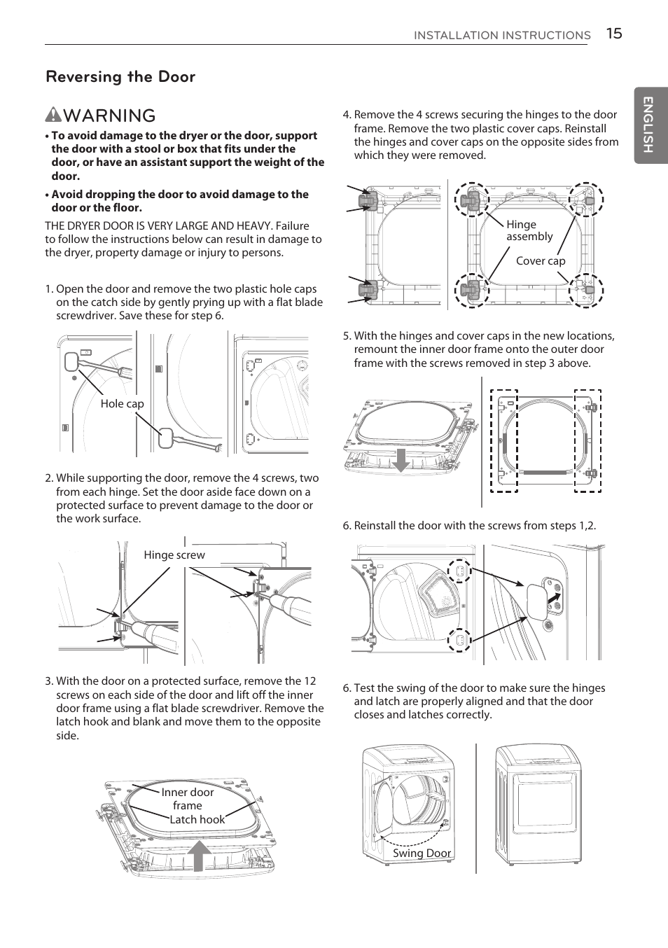 Wwarning, Reversing the door | LG DLGY1702V User Manual | Page 15 / 84