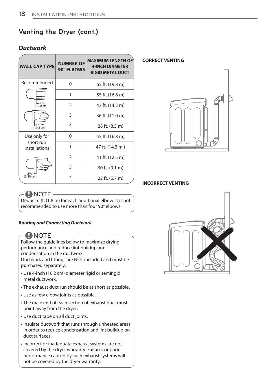 Venting the dryer (cont.), Ductwork | LG DLGY1702V User Manual | Page 18 / 84