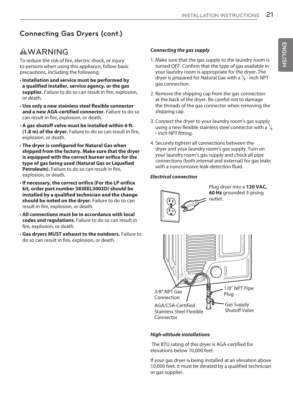 Wwarning, Connecting gas dryers (cont.) | LG DLGY1702V User Manual | Page 21 / 84