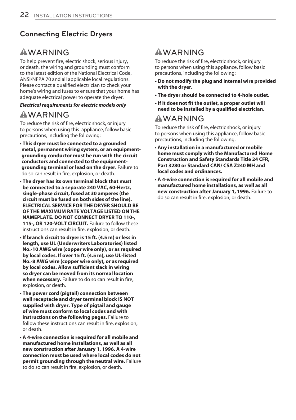 Wwarning, Connecting electric dryers | LG DLGY1702V User Manual | Page 22 / 84