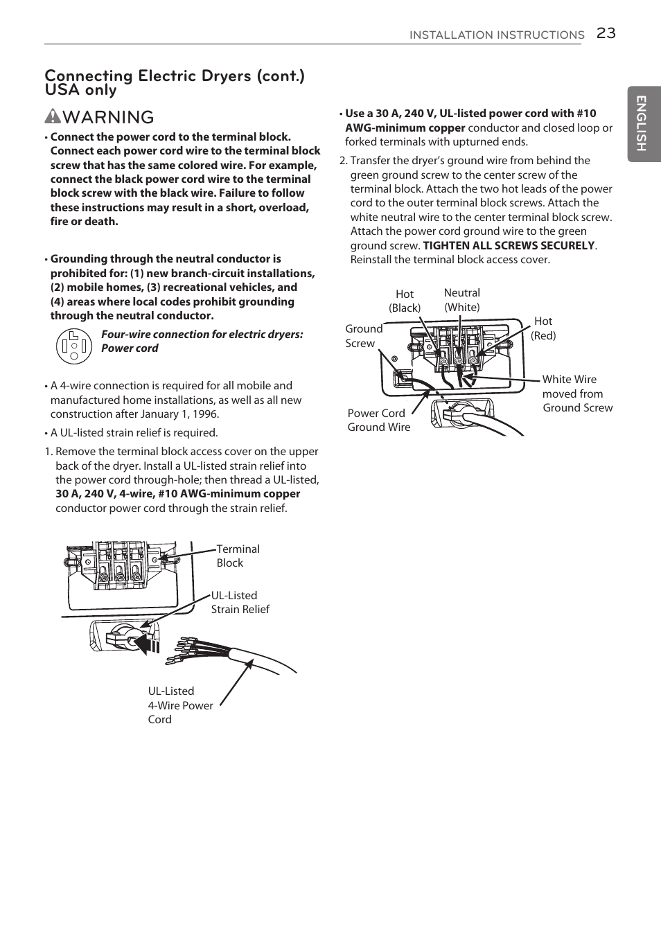 Wwarning, Connecting electric dryers (cont.) usa only | LG DLGY1702V User Manual | Page 23 / 84