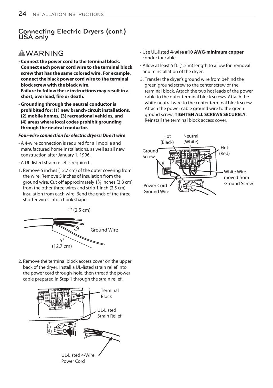 Wwarning, Connecting electric dryers (cont.) usa only | LG DLGY1702V User Manual | Page 24 / 84