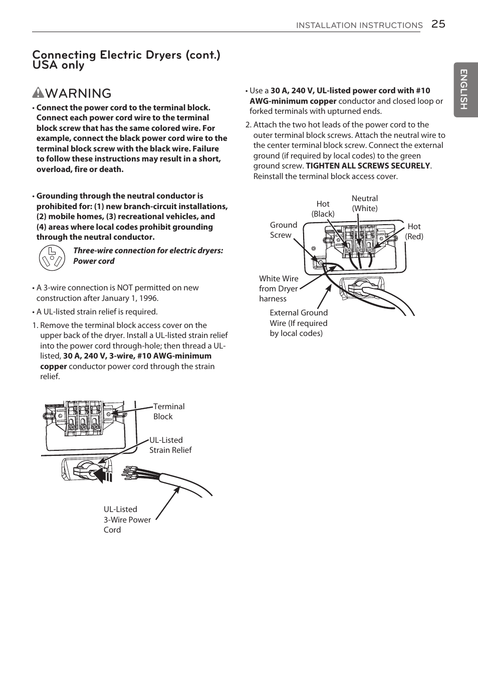 Wwarning, Connecting electric dryers (cont.) usa only | LG DLGY1702V User Manual | Page 25 / 84