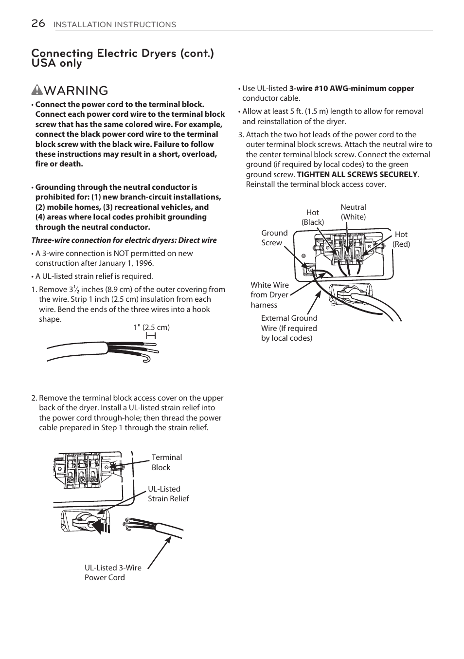 Wwarning, Connecting electric dryers (cont.) usa only | LG DLGY1702V User Manual | Page 26 / 84