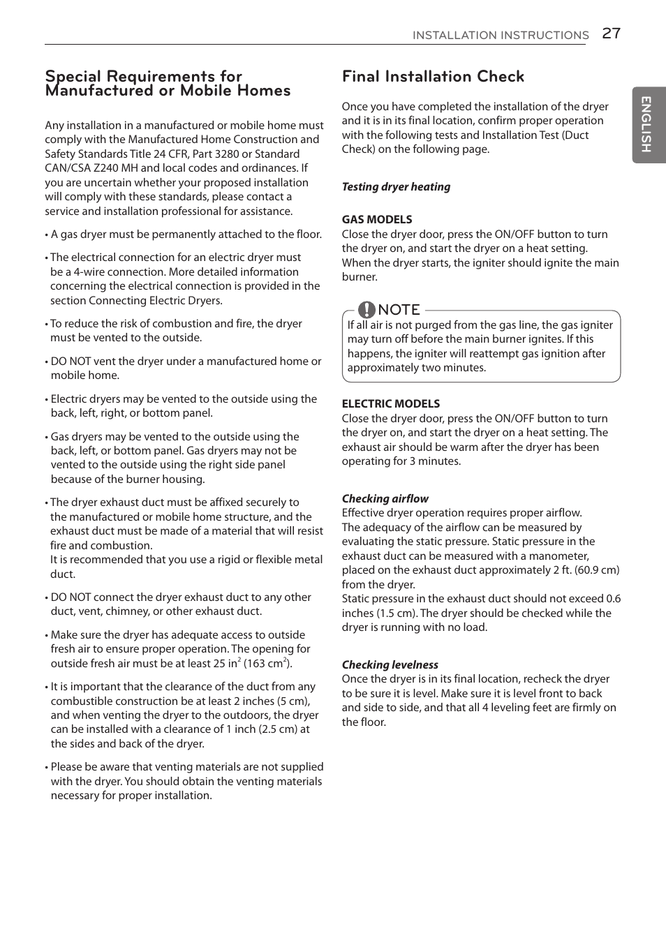 Final installation check | LG DLGY1702V User Manual | Page 27 / 84