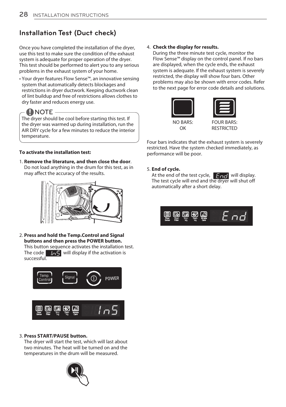 Installation test (duct check) | LG DLGY1702V User Manual | Page 28 / 84