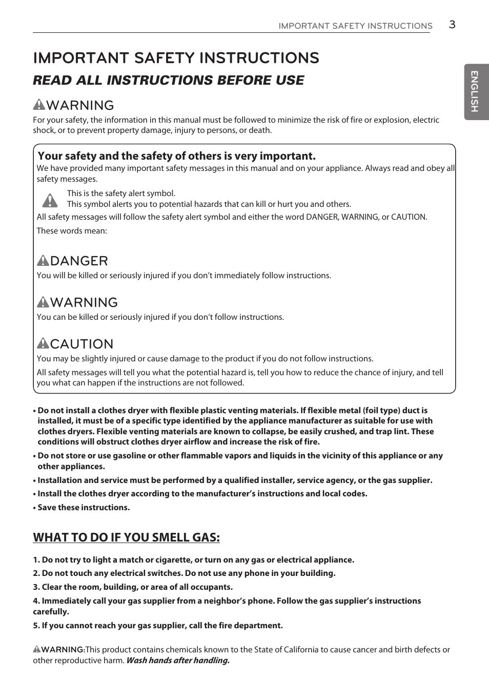 Important safety instructions, Wwarning, Danger | Warning, Caution, Read all instructions before use | LG DLGY1702V User Manual | Page 3 / 84