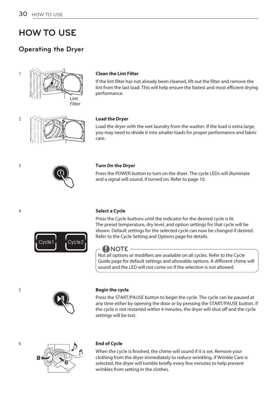 How to use, Operating the dryer | LG DLGY1702V User Manual | Page 30 / 84