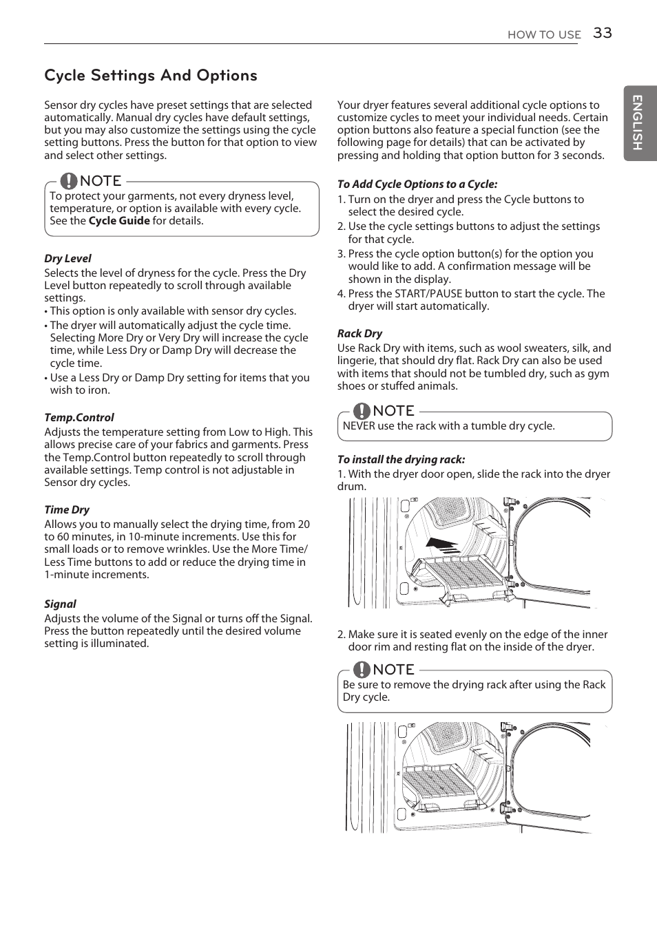 Cycle settings and options | LG DLGY1702V User Manual | Page 33 / 84