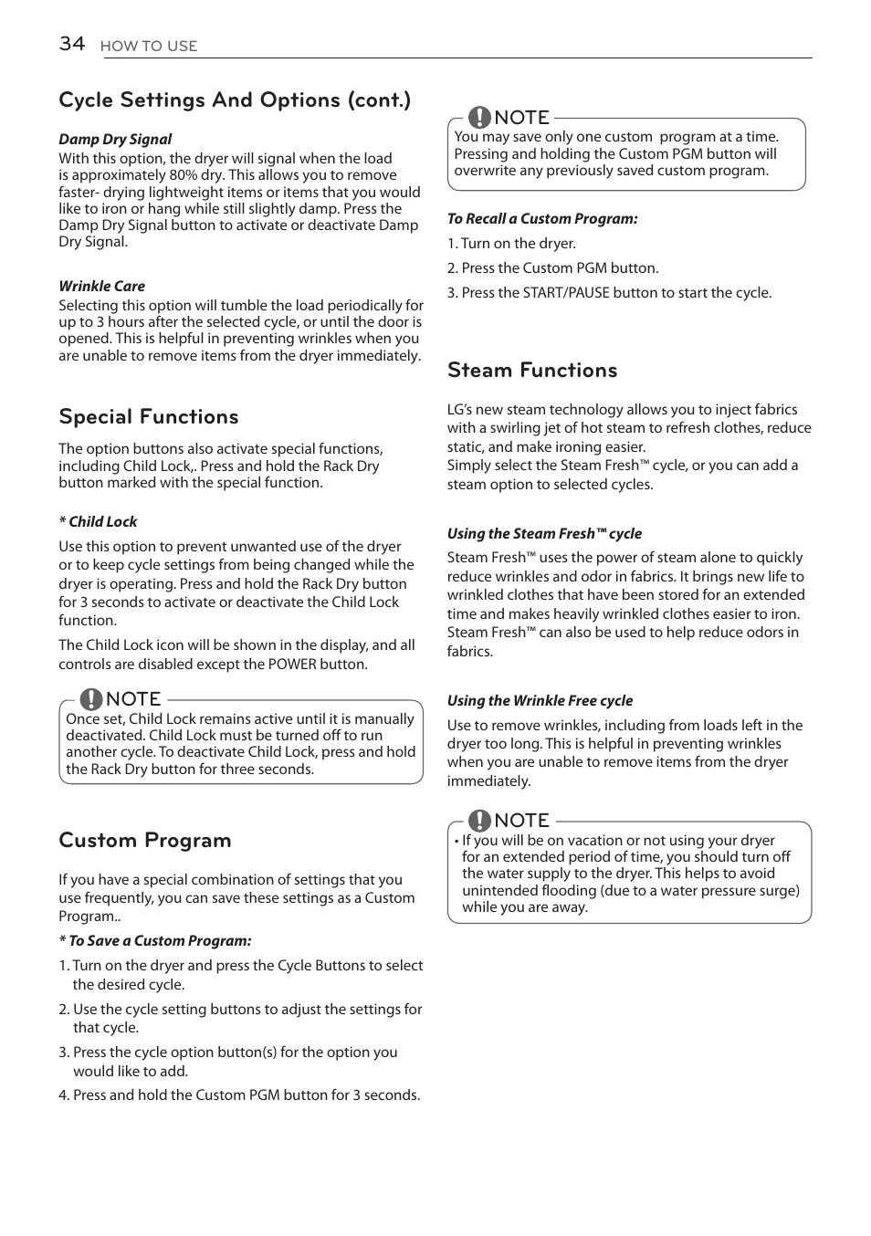 Cycle settings and options (cont.), Special functions, Custom program | Steam functions | LG DLGY1702V User Manual | Page 34 / 84