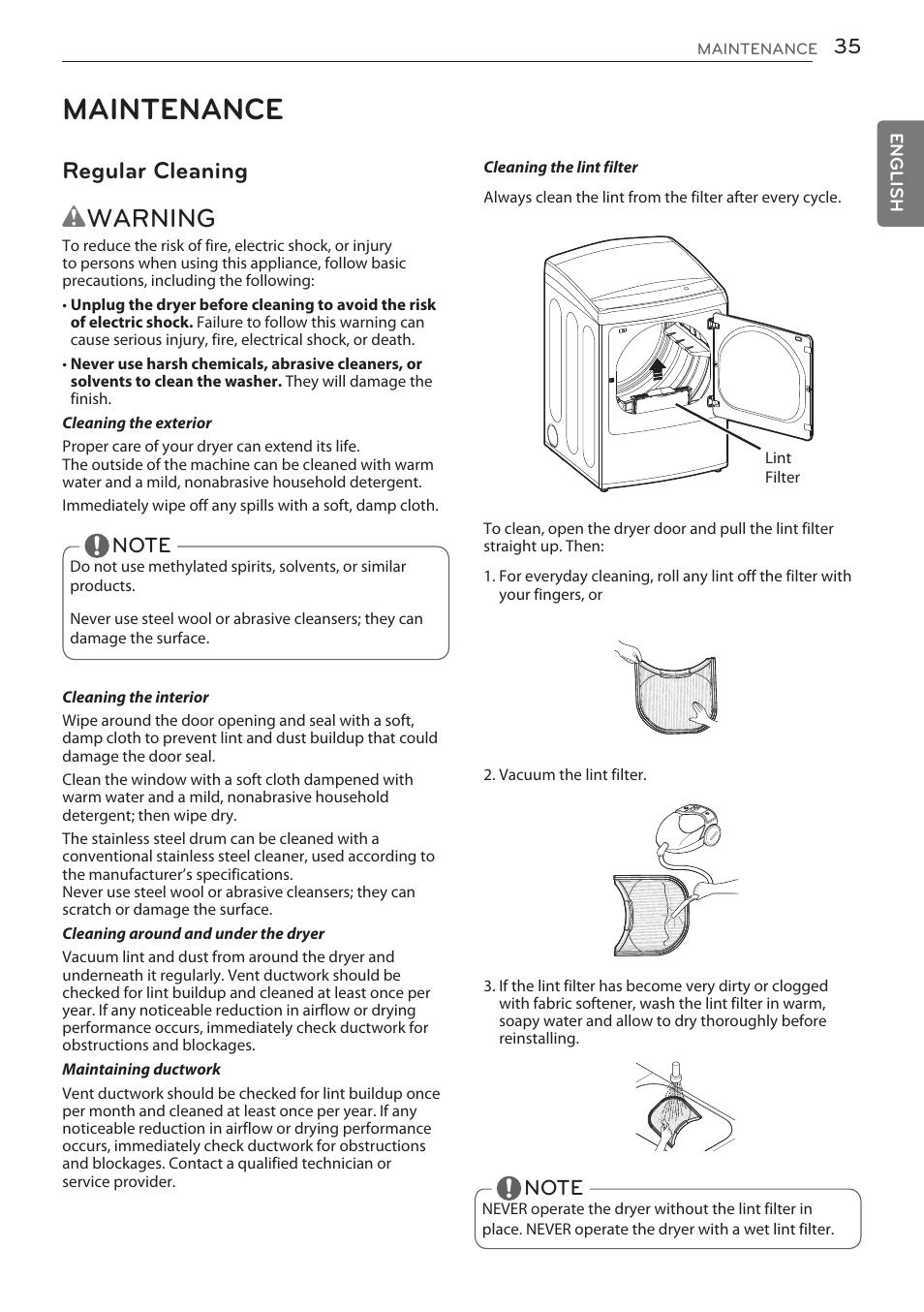 Maintenance, Wwarning, Regular cleaning | LG DLGY1702V User Manual | Page 35 / 84