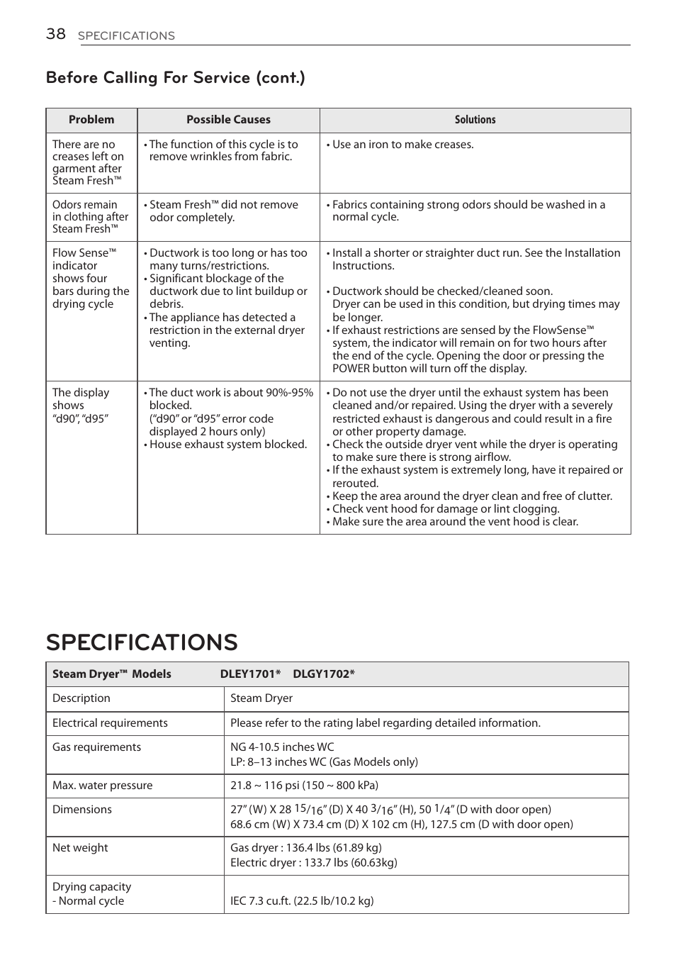 Specifications, Before calling for service (cont.) | LG DLGY1702V User Manual | Page 38 / 84