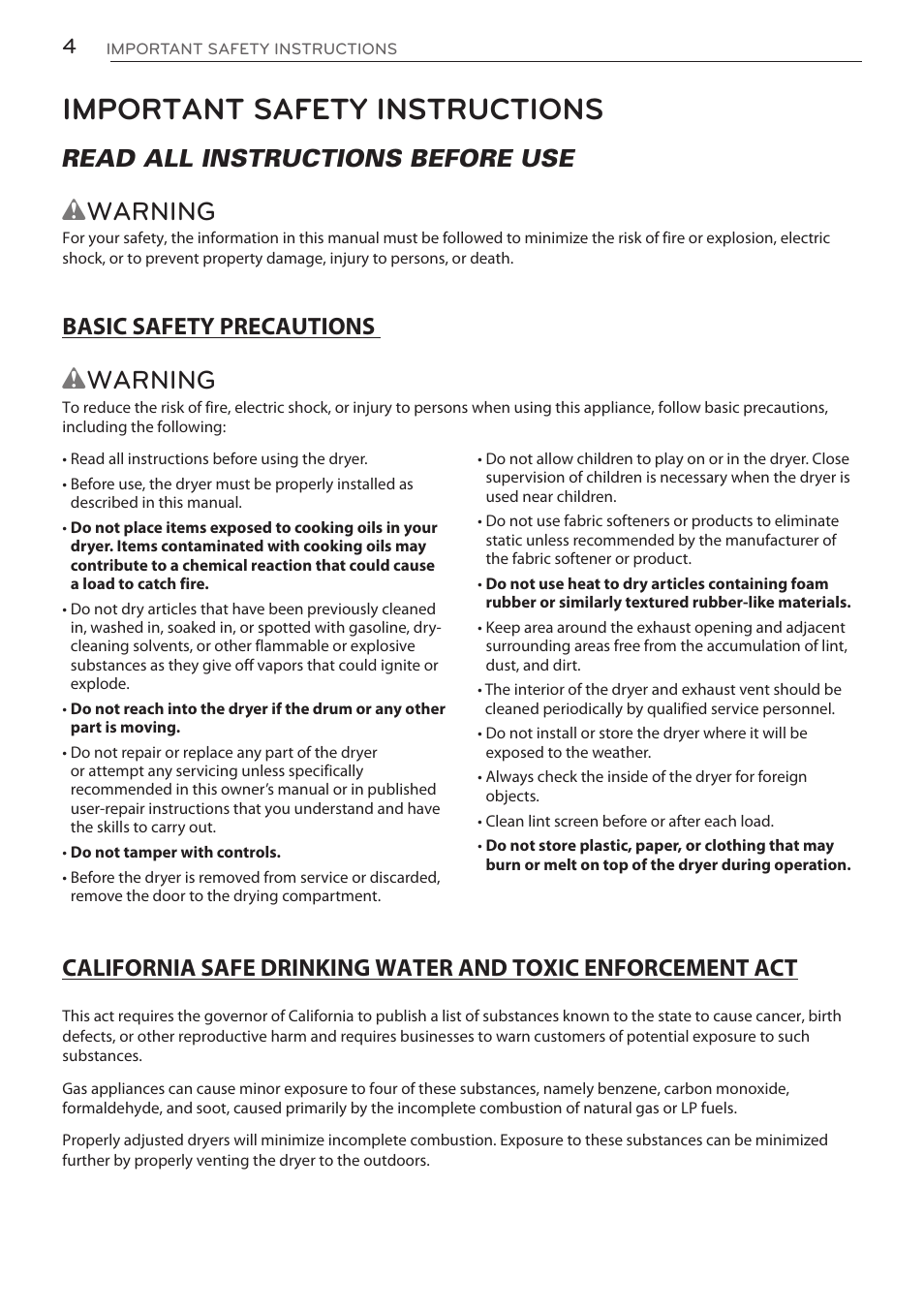 Important safety instructions, Wwarning, Read all instructions before use | LG DLGY1702V User Manual | Page 4 / 84