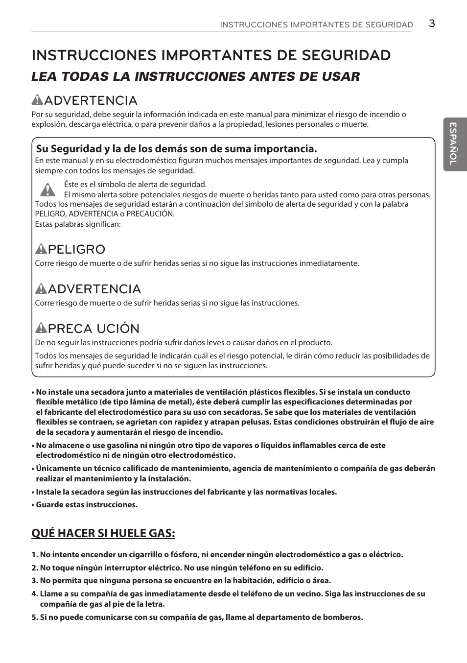 Instrucciones importantes de seguridad, Wadvertencia, Peligro | Advertencia, Preca ución, Lea todas la instrucciones antes de usar | LG DLGY1702V User Manual | Page 43 / 84